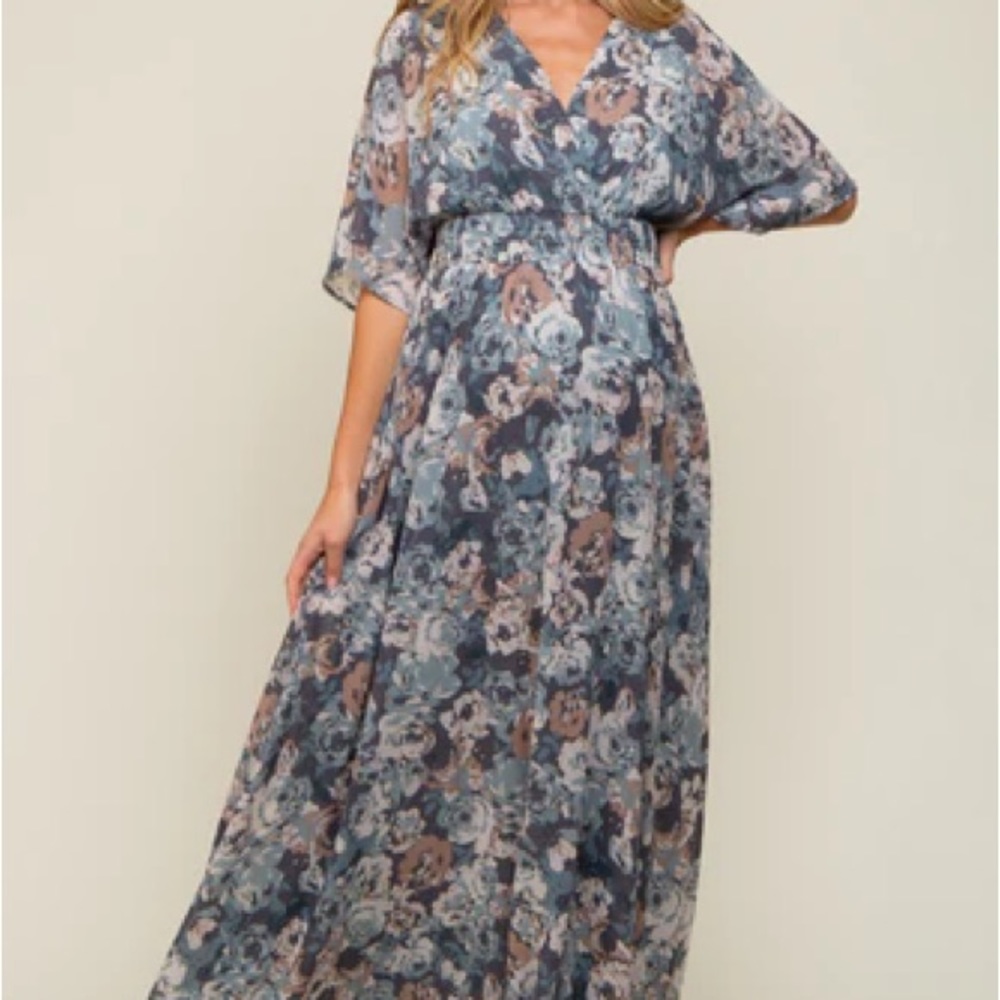 Blue Floral Wrap Front V-Neck Smocked Waist Maternity Maxi Dress